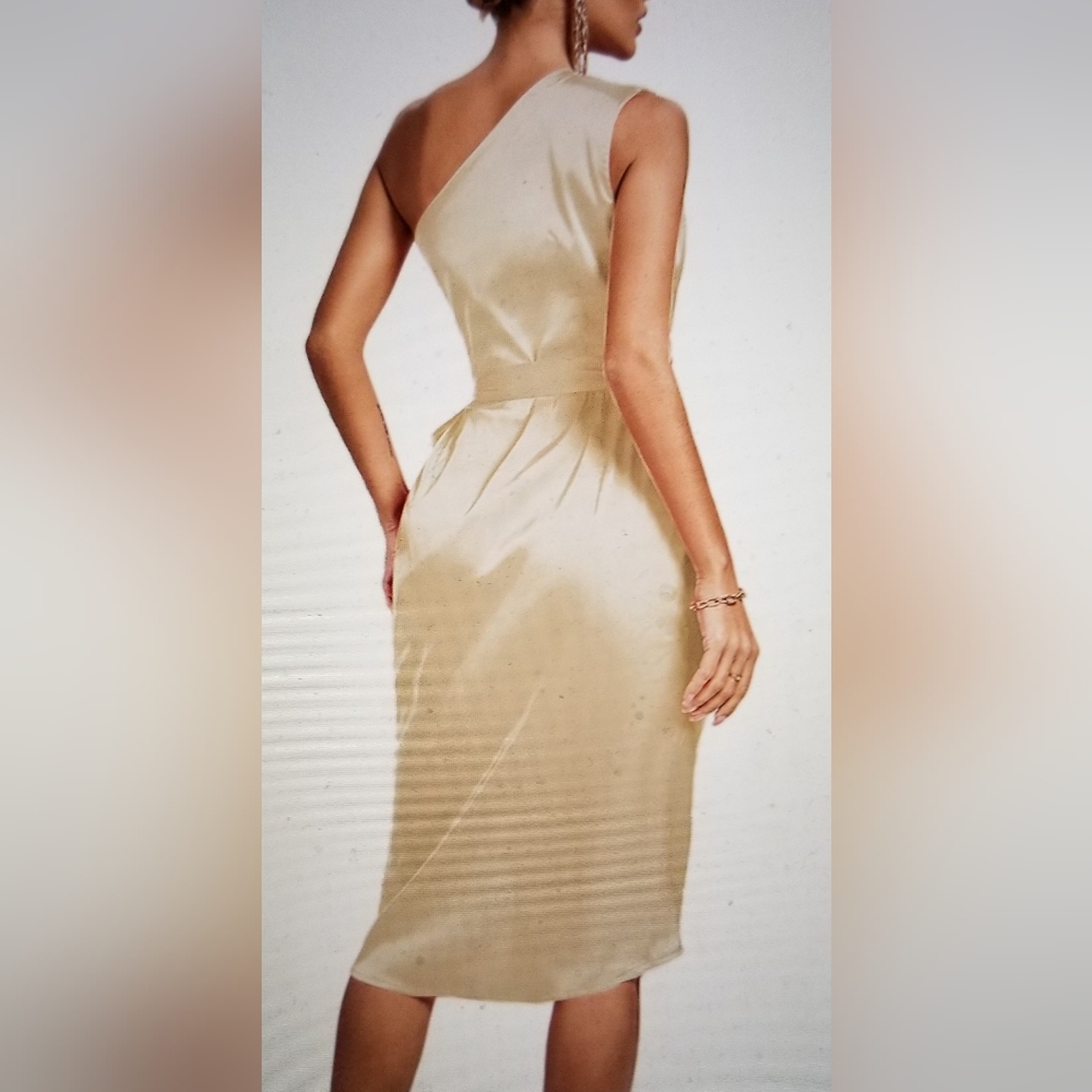 ELEGANT PARTY ONE SHOULDER RUCHED SPLIT WRAP HAM SLEEVELESS DRESS - Picture 3 of 12
